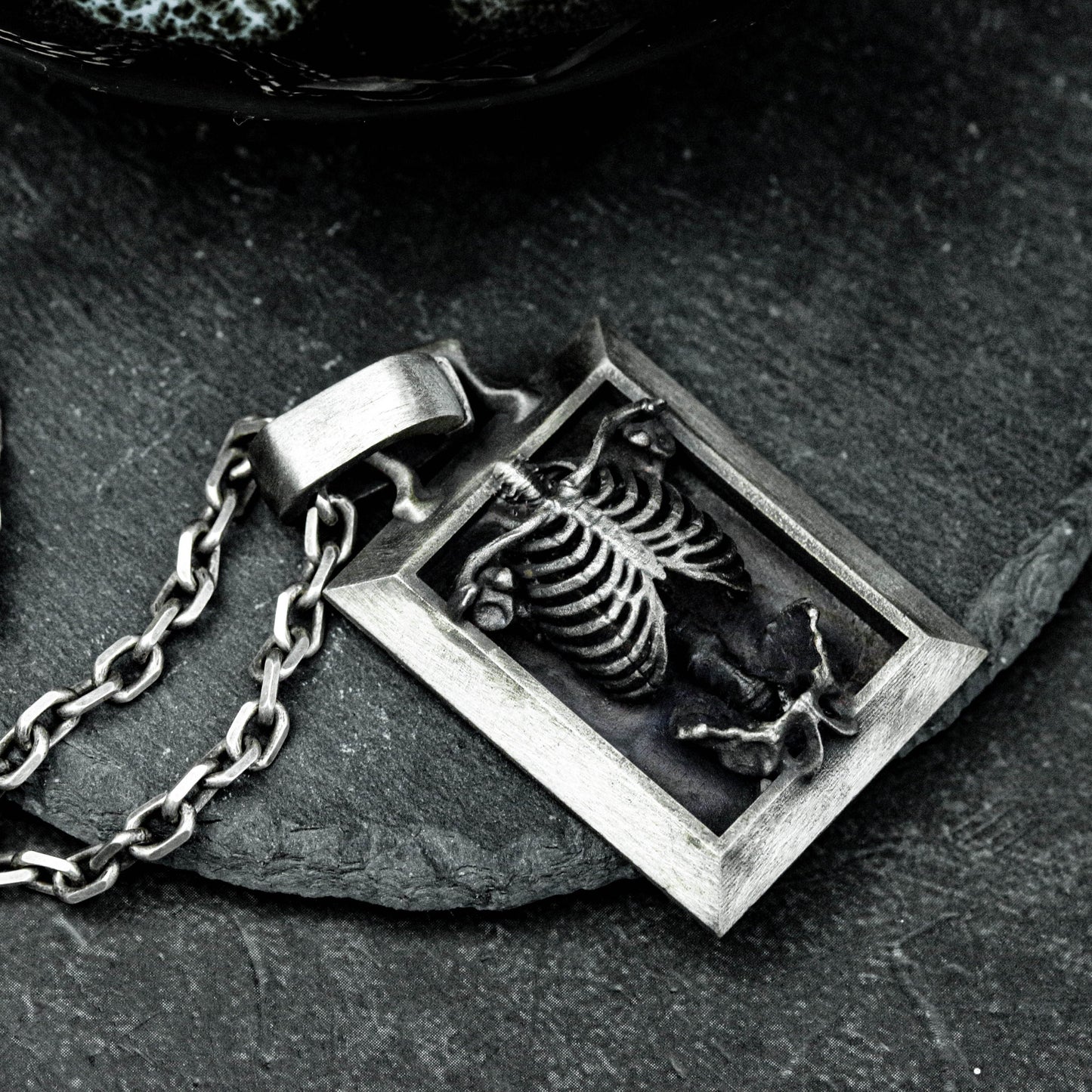 925 sterling silver skeleton skeleton pendant, skeleton pendant necklace, skeleton picture frame pendant, gothic pendant - artisan made