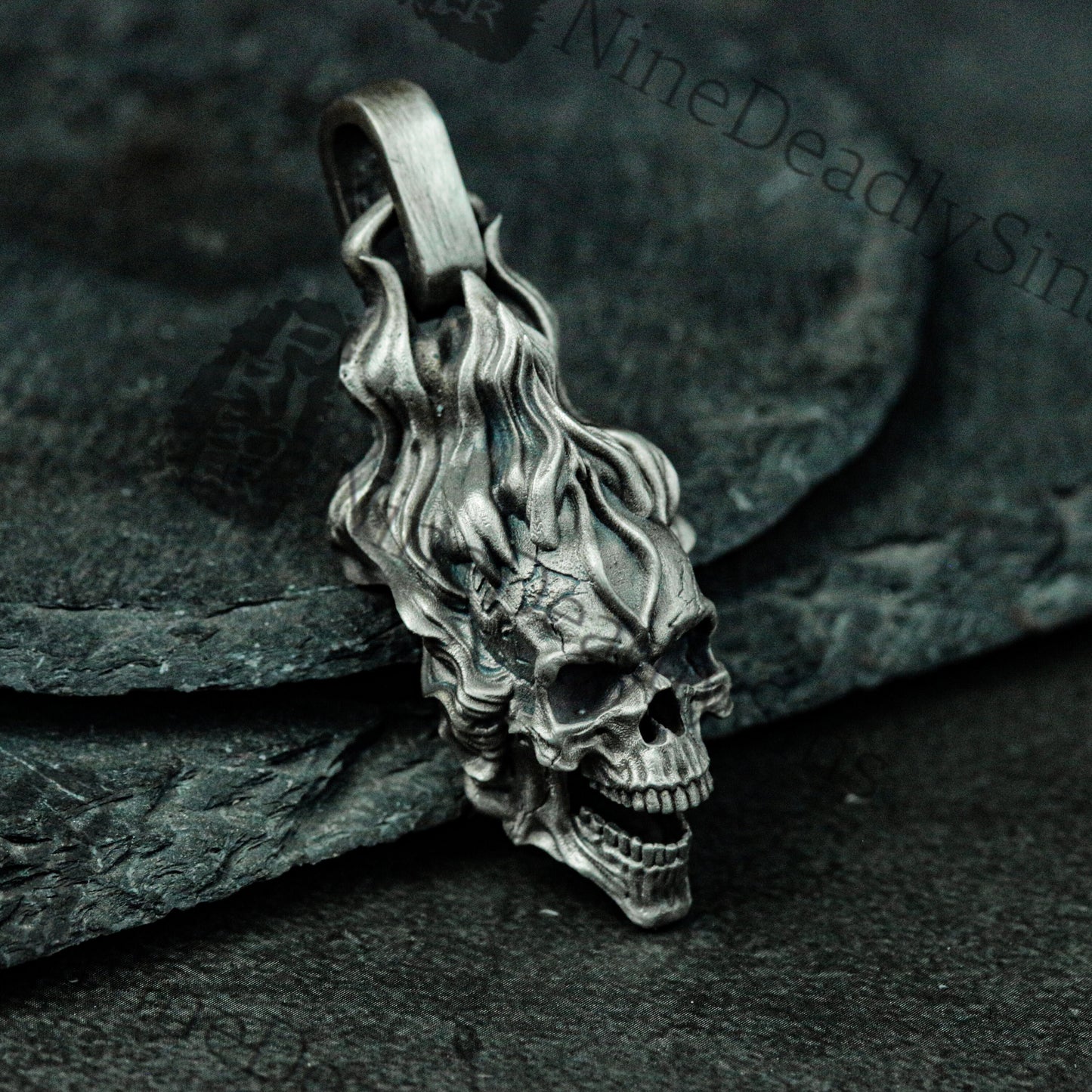 Hellfire Skull 925 Silver Pendant Necklace - Ghost Rider's Skull - Unique Artisan Made