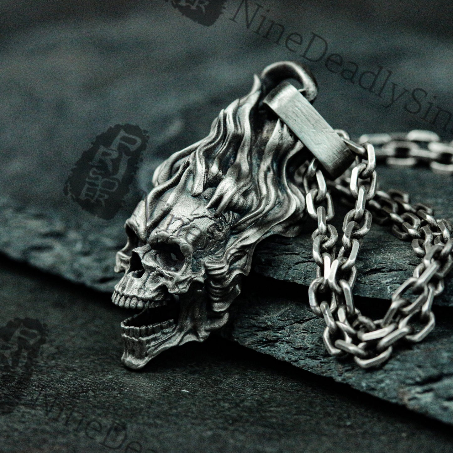 Hellfire Skull 925 Silver Pendant Necklace - Ghost Rider's Skull - Unique Artisan Made