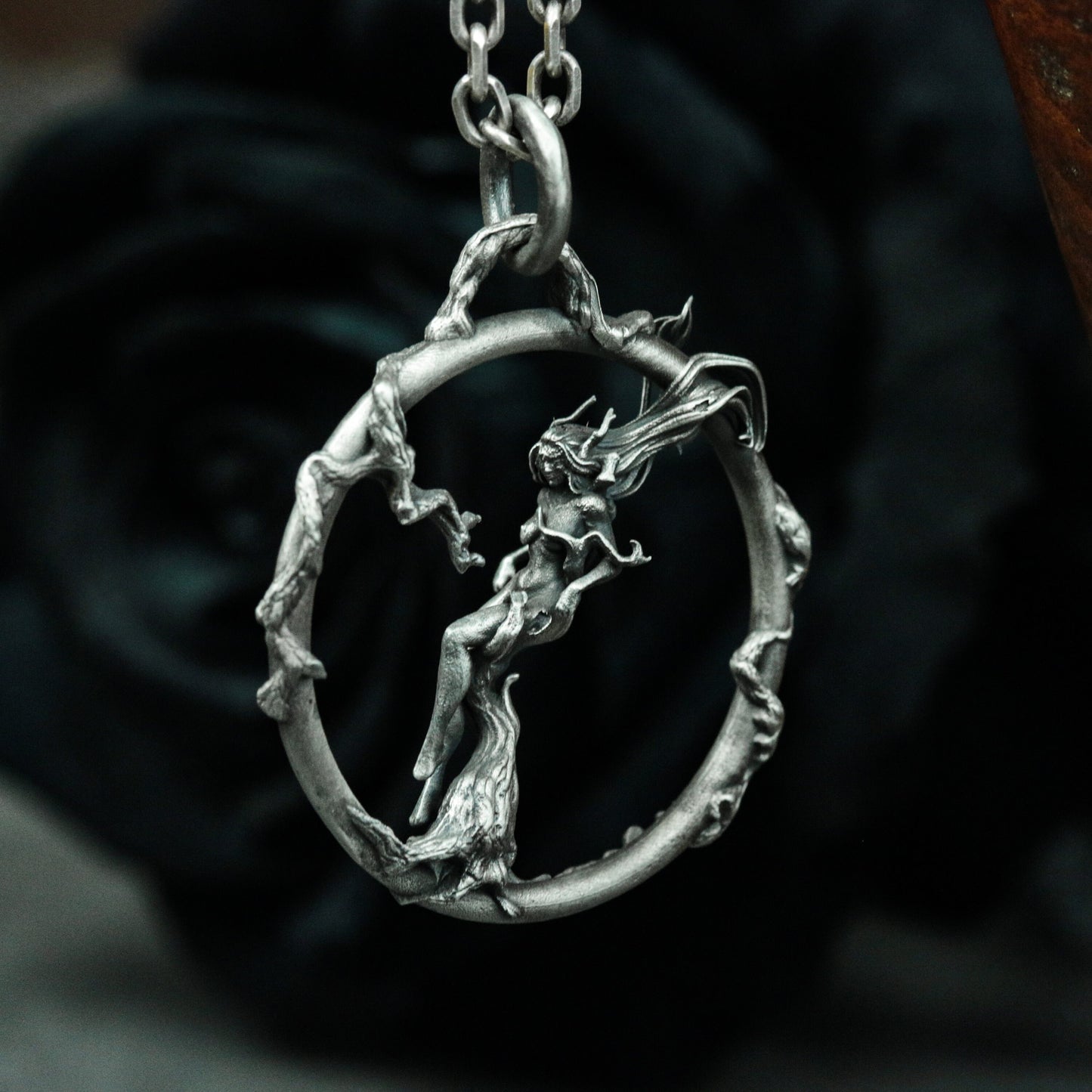 Fairy of the Moon Night, 925 Silver Pendant Necklace, Fairy Resting on the Vines