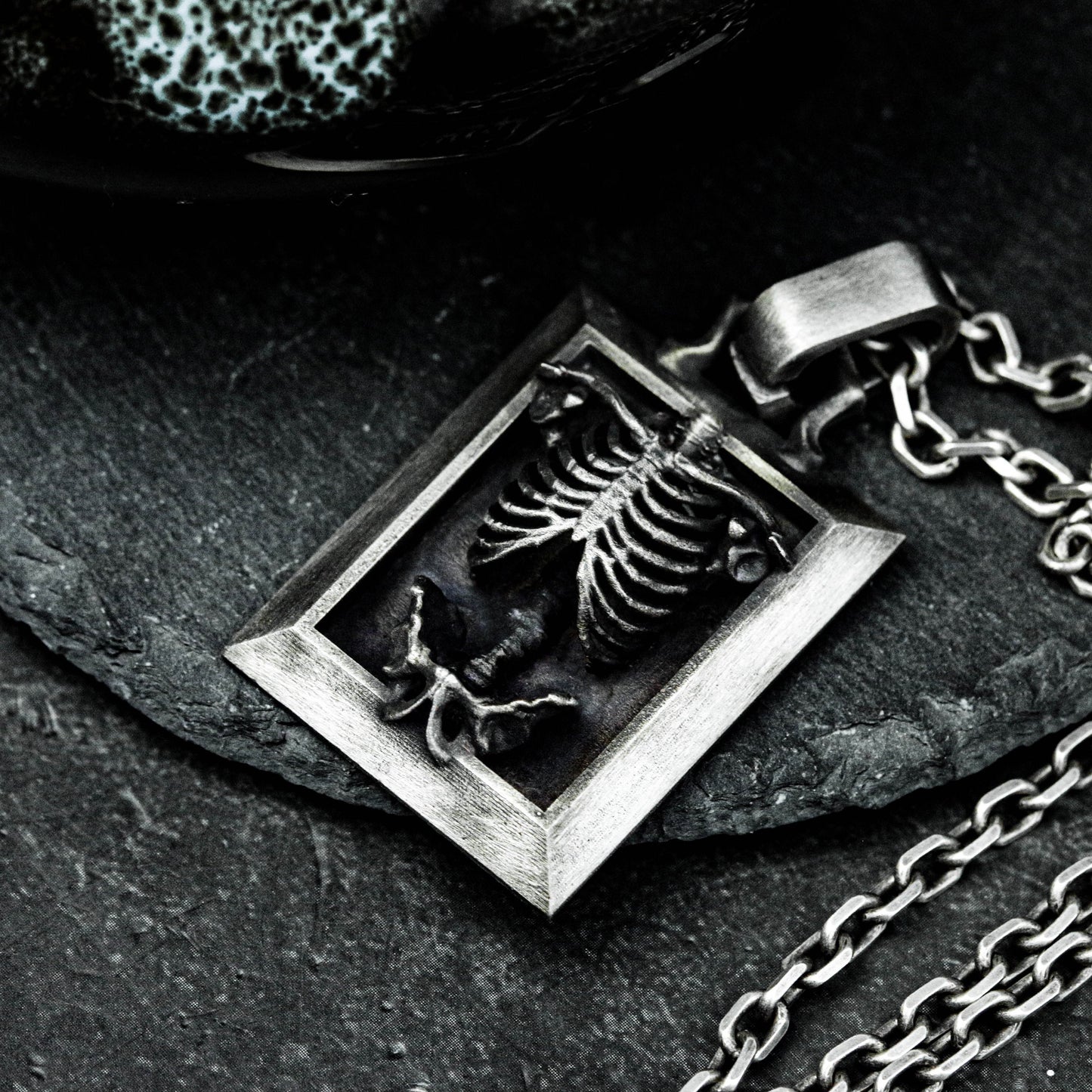 925 sterling silver skeleton skeleton pendant, skeleton pendant necklace, skeleton picture frame pendant, gothic pendant - artisan made