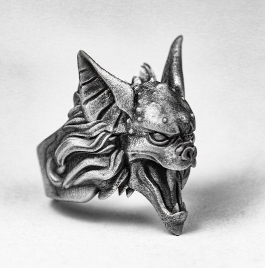 Bat Ghost Silver Ring - Gargoyle Head Ring - Travel Ring - Halloween Gift - Acrylic Animal Jewelry - Creepy Silver Jewelry