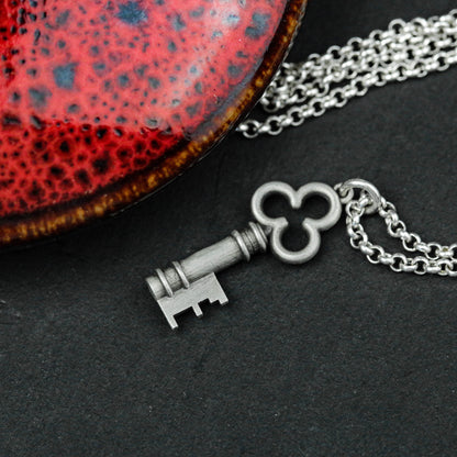 Silver Delicate Petite, Keepsake Necklace, Flower Necklace, Key Charm, Sterling Silver Pendant for Women, Clavicle Chain Accessories.